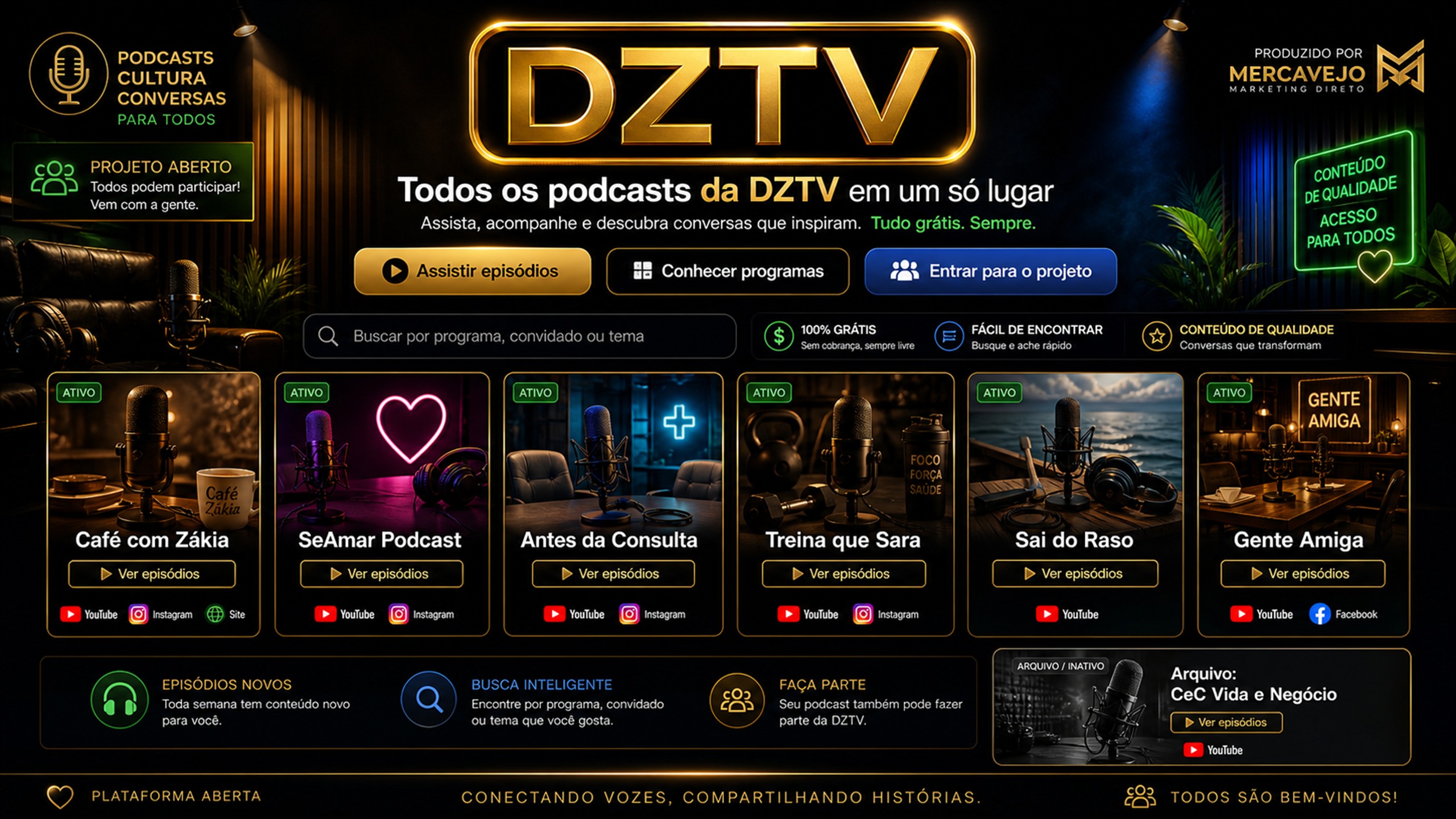 Imagem premium da homepage DZTV com programas de podcasts